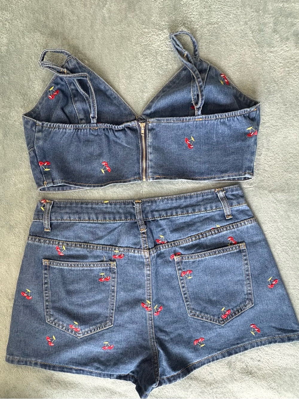 SHEIN Cherry Embroidered Denim 2-Piece Set Crop Top & Shorts Size L - Picture 2 of 9